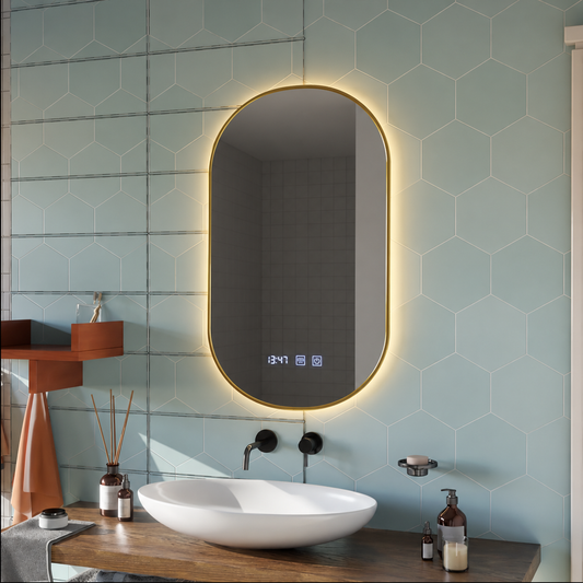 Oglinda LED Touch Konrad Sistem Dezaburire, Ceas si Temperatura 50x80 cm Rama Auriu Brushed, Lumina Calda Neutra Rece 3000K/4000K/6000K