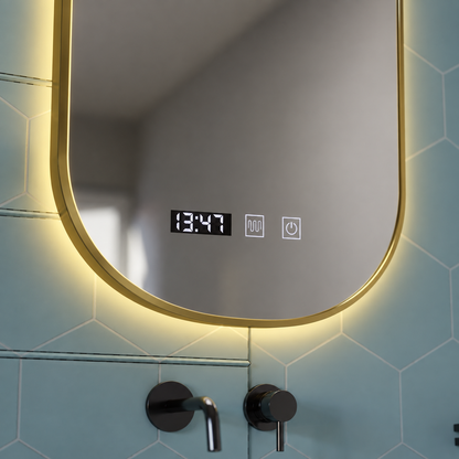Oglinda LED Touch Konrad Sistem Dezaburire, Ceas si Temperatura 50x80 cm Rama Auriu Brushed, Lumina Calda Neutra Rece 3000K/4000K/6000K