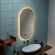 Oglinda LED Touch Konrad Sistem Dezaburire, Ceas si Temperatura 50x80 cm Rama Auriu Brushed, Lumina Calda Neutra Rece 3000K/4000K/6000K