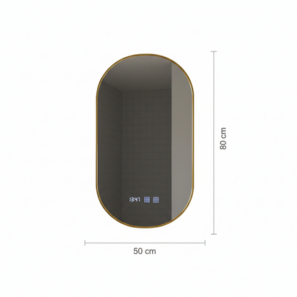 Oglinda LED Touch Konrad Sistem Dezaburire, Ceas si Temperatura 50x80 cm Rama Auriu Brushed, Lumina Calda Neutra Rece 3000K/4000K/6000K