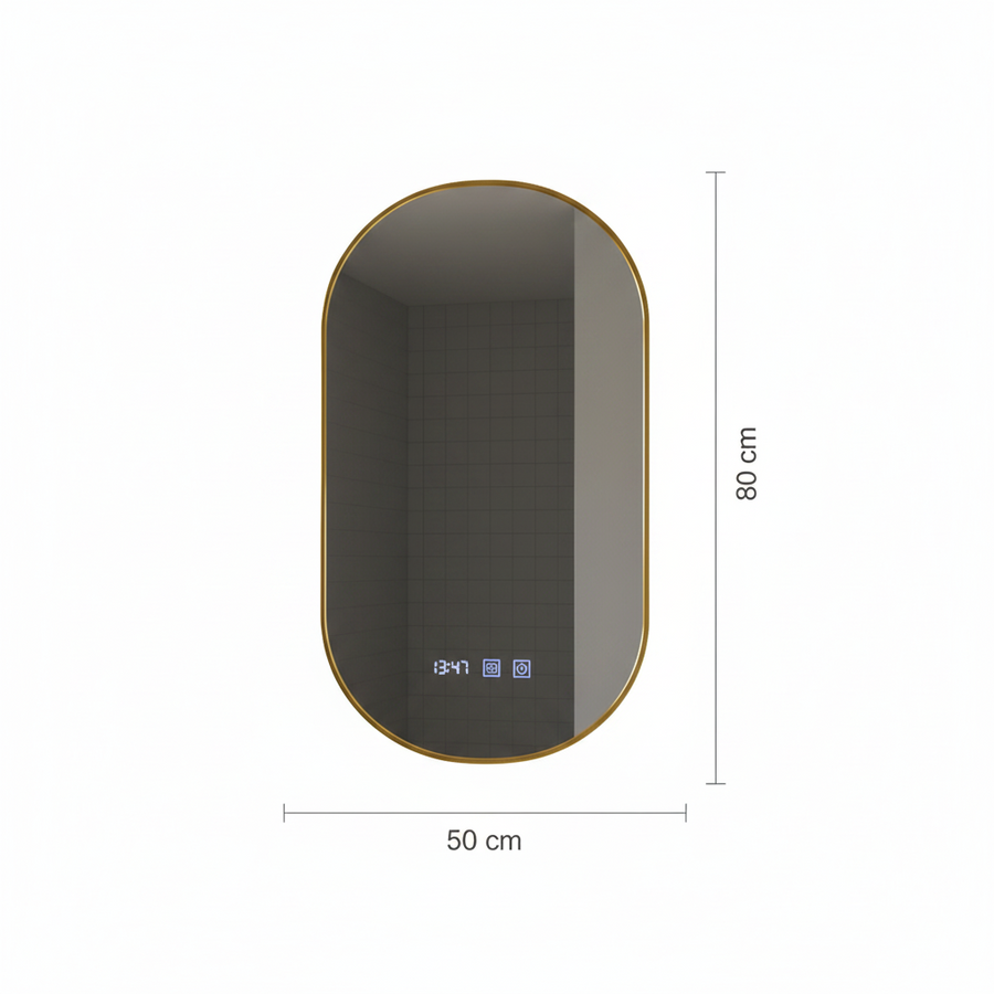 Oglinda LED Touch Konrad Sistem Dezaburire, Ceas si Temperatura 50x80 cm Rama Auriu Brushed, Lumina Calda Neutra Rece 3000K/4000K/6000K