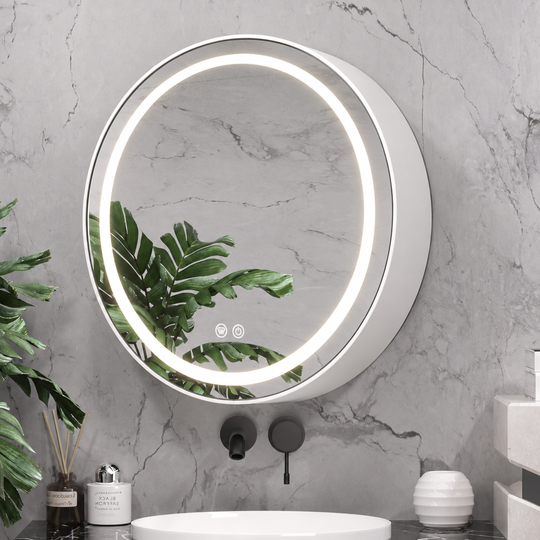 Oglinda LED cu Dulap, Rotunda, 10W, 50x50cm, Dezaburire, Rama Neagra, Spatiu de Depozitare