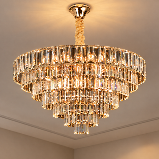 Candelabru Cristal VALMONT Regalis 15xE14, D80 cm, Auriu, Inaltime Reglabila, Metal si Cristal