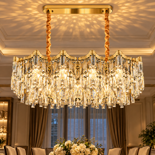 Candelabru Cristal VETRA Supremo 15xE14, 100x35 cm, Auriu, Inaltime Reglabila, Metal si Cristal