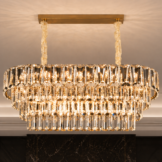 Candelabru Cristal VALMONT Supremo 12xE14, 80x30 cm, Auriu, Inaltime Reglabila, Metal si Cristal