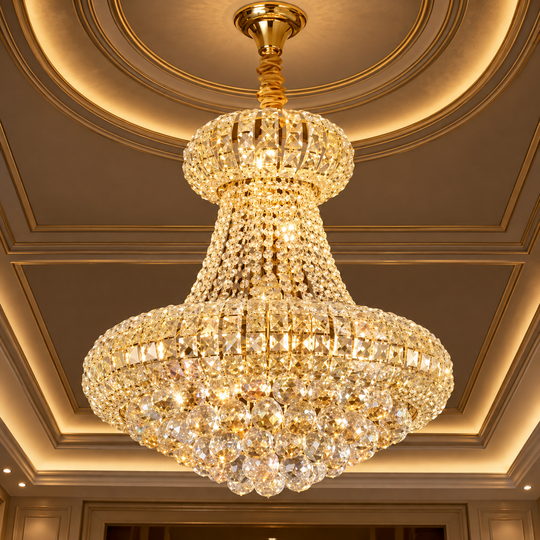 Candelabru Cristal CASTRUM Eleganza 9xE14, D50 cm, Auriu, Inaltime Reglabila, Metal si Cristal