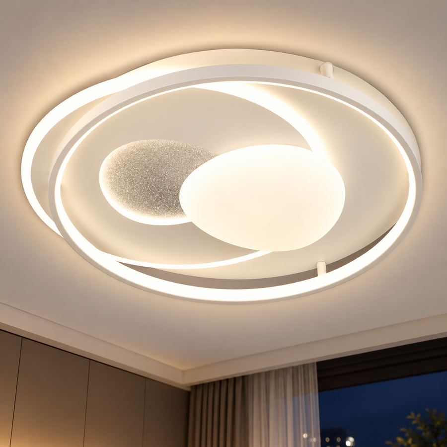 Lustra LED cu telecomanda ISTARAVSHAN, Forma Ovala, 85W, lumina Rece/Calda/Neutra, Dimabila, Alb