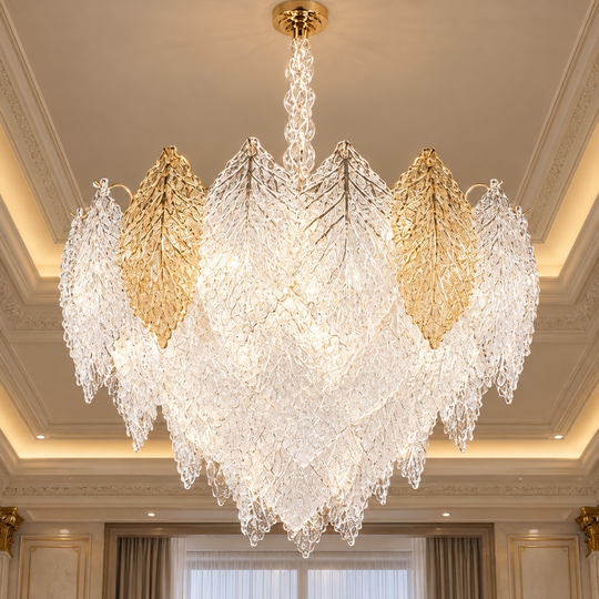 Candelabru Cristal LACE Eleganza 9xE14, Diametru 50cm, Inaltime 36cm, Auriu Lucios, Inaltime Reglabila, Design Elegant