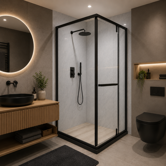 Paravan duș Walk-In 100x100x195 cm, sticlă securizată 7.6 mm, satin, profil metalic rezistent, Transparent si Negru