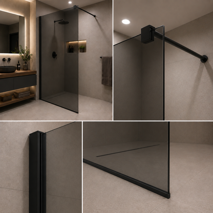 Paravan duș Walk-In 80x195cm, Sticlă Gri securizată 8 mm, Profil metalic rezistent, Negru