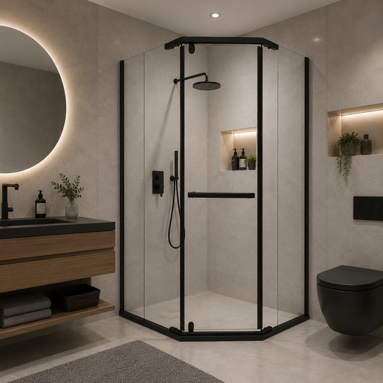 Paravan duș Walk-In 90x90x190 cm, sticlă securizată 6 mm, profil metalic rezistent, Transparent si Negru
