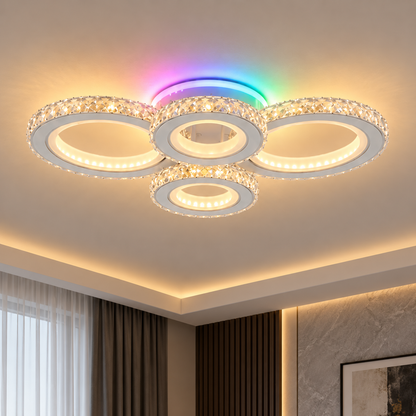 Plafoniera LED cu telecomanda si cristal NOVA ROTONDA RGB 82W, 4 Cercuri, lumina Rece/Calda/Neutra, Dimabila, Alb