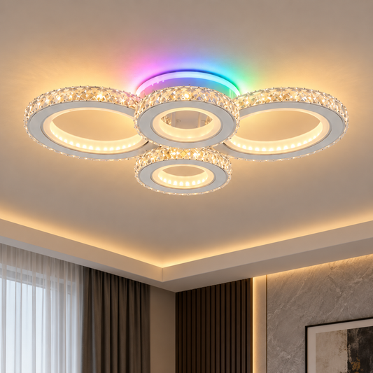Plafoniera LED cu telecomanda si cristal NOVA ROTONDA RGB 82W, 4 Cercuri, lumina Rece/Calda/Neutra, Dimabila, Alb