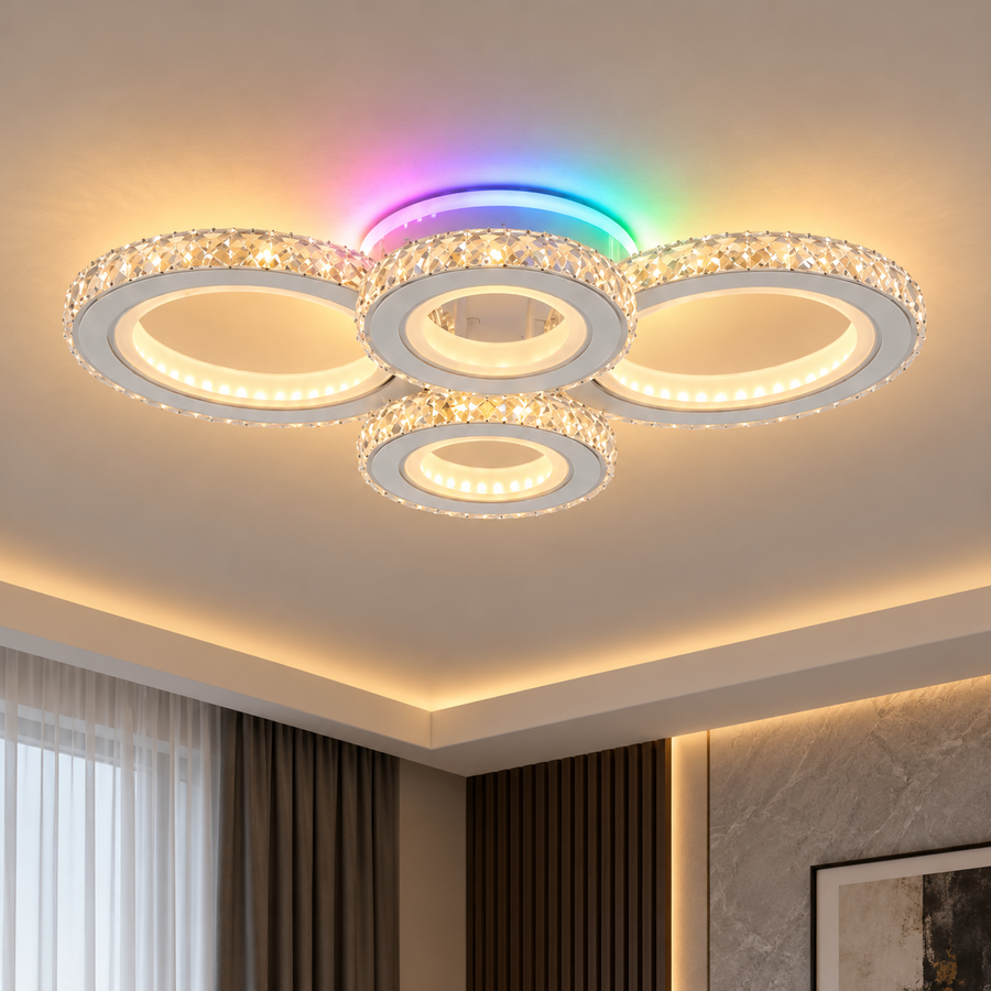 Plafoniera LED cu telecomanda si cristal NOVA ROTONDA RGB 82W, 4 Cercuri, lumina Rece/Calda/Neutra, Dimabila, Alb