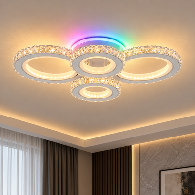 Plafoniera LED cu telecomanda si cristal NOVA ROTONDA RGB 82W, 4 Cercuri, lumina Rece/Calda/Neutra, Dimabila, Alb