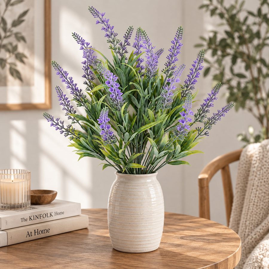 Planta Artificiala, Floare Decorativa de Lavanda, 18 Ramuri, 54 cm, Mov si Verde, Set de 2 Bucati