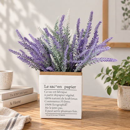 Planta Artificiala, Floare Decorativa de Lavanda, 5 Ramuri, 38 cm, Mov si Verde, Set de 2 Bucati