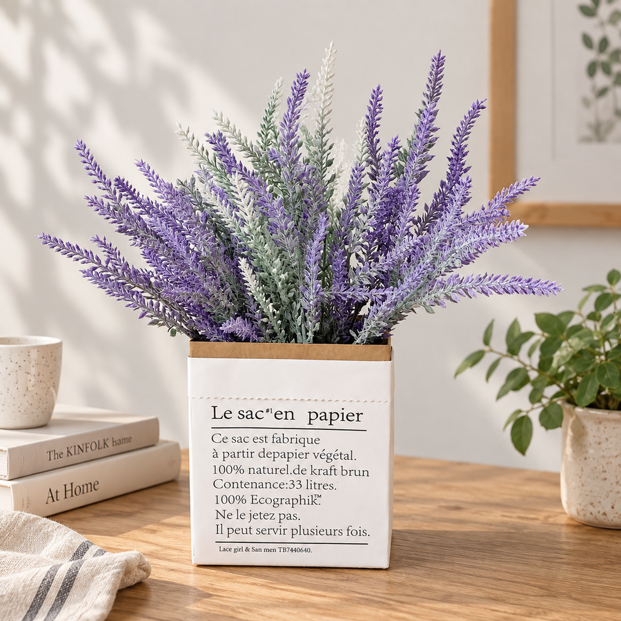 Planta Artificiala, Floare Decorativa de Lavanda, 5 Ramuri, 38 cm, Mov si Verde, Set de 2 Bucati