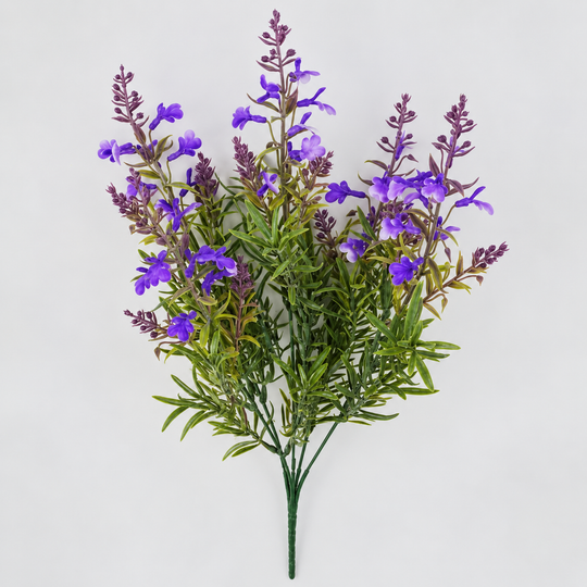 Planta Artificiala, Floare Decorativa de Lavanda, 5 Ramuri, 41 cm, Mov Verde si Alb, Set de 2 Bucati