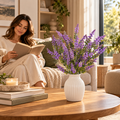 Planta Artificiala, Floare Decorativa de Lavanda, 9 Ramuri, 44 cm, Mov si Verde, Set de 2 Bucati