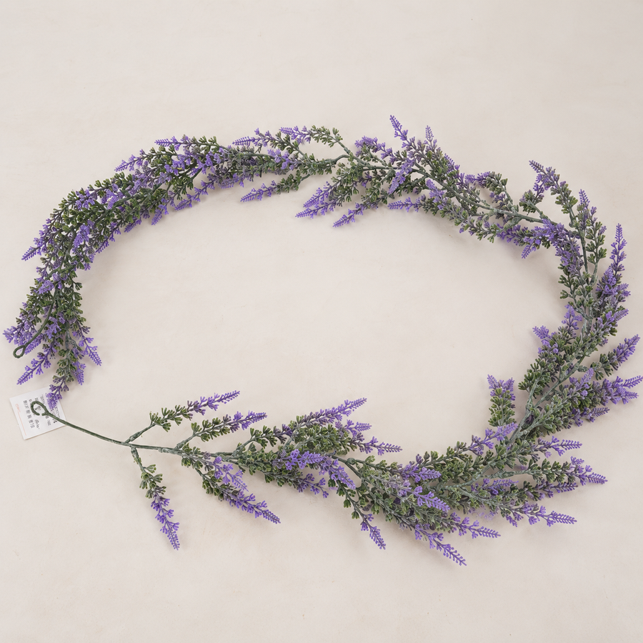 Planta Artificiala Ghirlanda Decorativa de Lavanda, Aspect Bogat, 185cm, 122 Ramificatii, Verde si Mov, Set de 2 Bucati