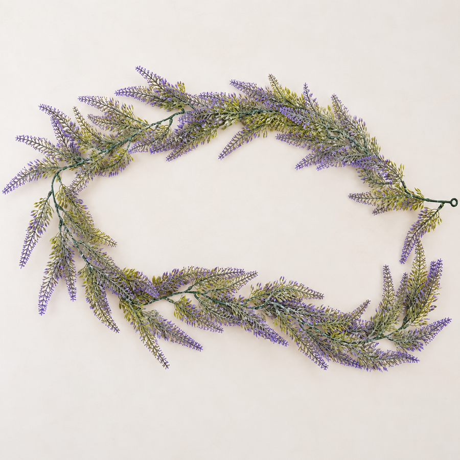 Planta Artificiala Ghirlanda Decorativa de Lavanda, Aspect Voluminos, 183cm, 72 Ramificatii, Verde si Mov, Set de 2 Bucati