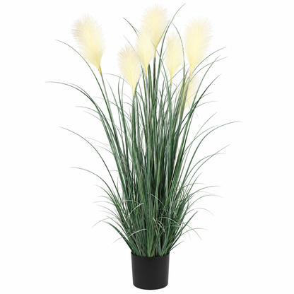 Planta Artificiala Iarba Ornamentala, 150 cm, cu 7 Fire, Stuf si Iarba, Verde si Alb, Fara Ghiveci
