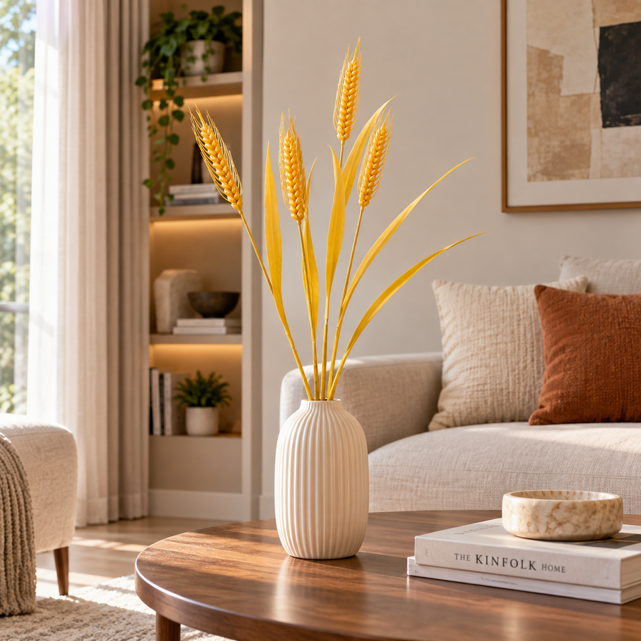 Planta Artificiala Iarba Ornamentala, 83 cm, cu 4 Fire, Spice de Grau, Galben, Fara Ghiveci