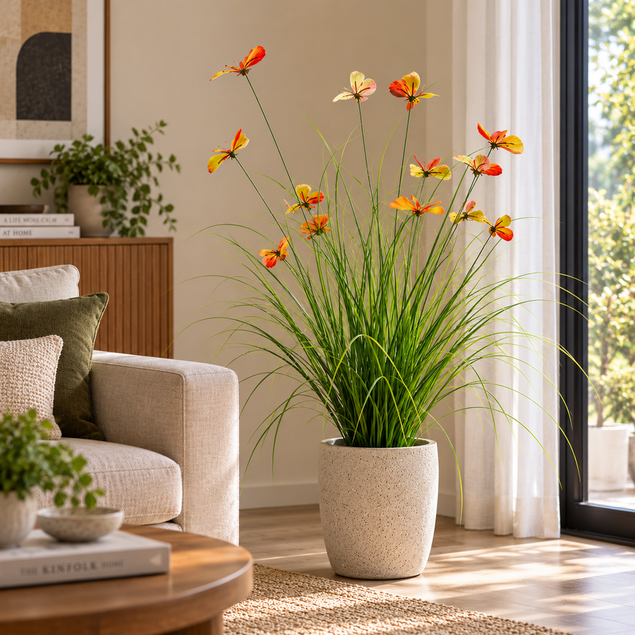 Planta Artificiala Iarba Ornamentala Tip Fluture, 100 cm, cu 13 Flori, Verde si Rosu, Fara Ghiveci