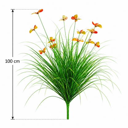 Planta Artificiala Iarba Ornamentala Tip Fluture, 100 cm, cu 13 Flori, Verde si Rosu, Fara Ghiveci