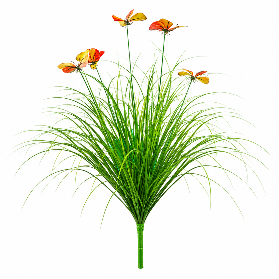 Planta Artificiala Iarba Ornamentala Tip Fluture, 60 cm, cu 5 Flori, Verde si Rosu, Fara Ghiveci