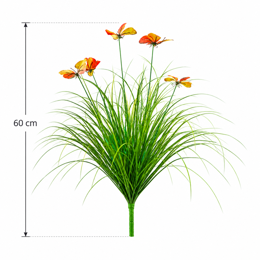 Planta Artificiala Iarba Ornamentala Tip Fluture, 60 cm, cu 5 Flori, Verde si Rosu, Fara Ghiveci