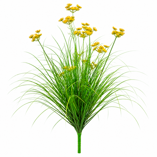 Planta Artificiala Iarba Ornamentala Tip Marar, 80 cm, cu 9 Flori, Verde si Galben, Fara Ghiveci