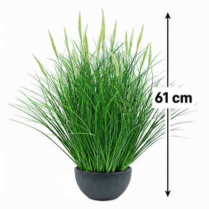 Planta Artificiala, Iarba Ornamentala in Ghiveci Tip Coada Vulpii, 61 cm, cu 19 Spice, Verde si Alb