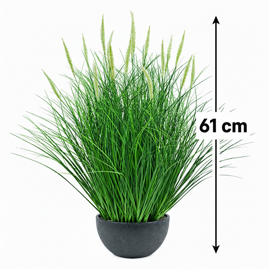 Planta Artificiala, Iarba Ornamentala in Ghiveci Tip Coada Vulpii, 61 cm, cu 19 Spice, Verde si Alb
