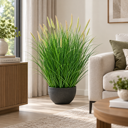 Planta Artificiala, Iarba Ornamentala in Ghiveci Tip Coada Vulpii, 70 cm, cu 25 Spice, Verde si Roz