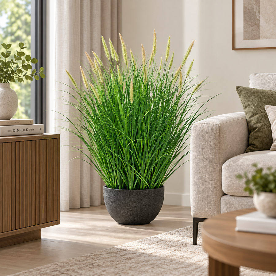 Planta Artificiala, Iarba Ornamentala in Ghiveci Tip Coada Vulpii, 70 cm, cu 25 Spice, Verde si Roz