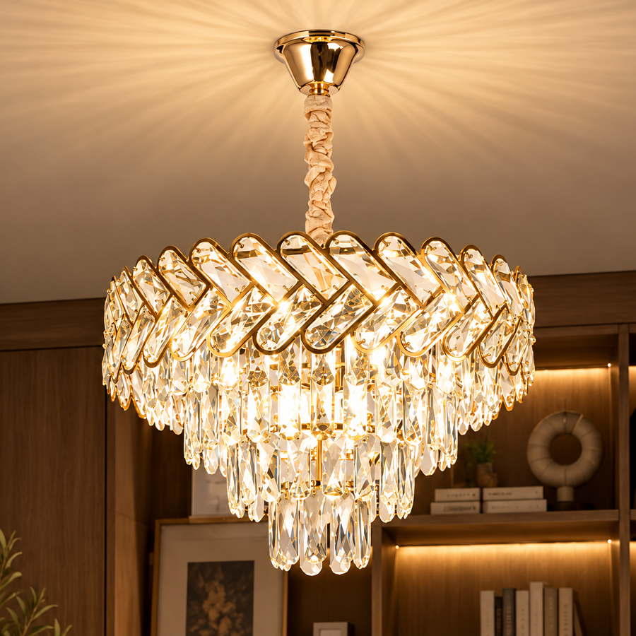 Candelabru Cristal VECTOR Magno 8xE14, Diametru 58cm, Auriu Lucios, Inaltime Reglabila, Metal si Cristal