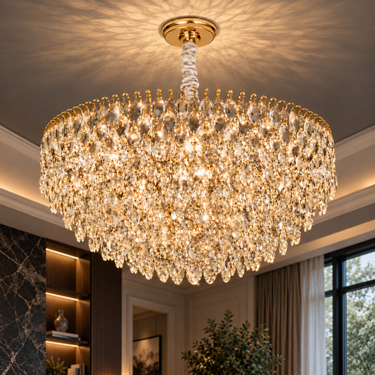 Candelabru Cristal ERDENET Nobile, 5xE14, Diametru 40 cm, Metal si Cristal, Auriu Lucios, Inaltime Reglabila