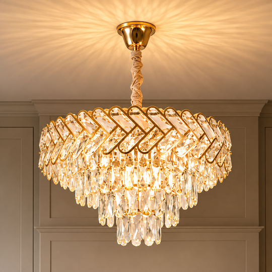 Candelabru Cristal VECTOR Eleganza 8xE14, Diametru 48cm, Auriu Lucios, Inaltime Reglabila, Metal si Cristal