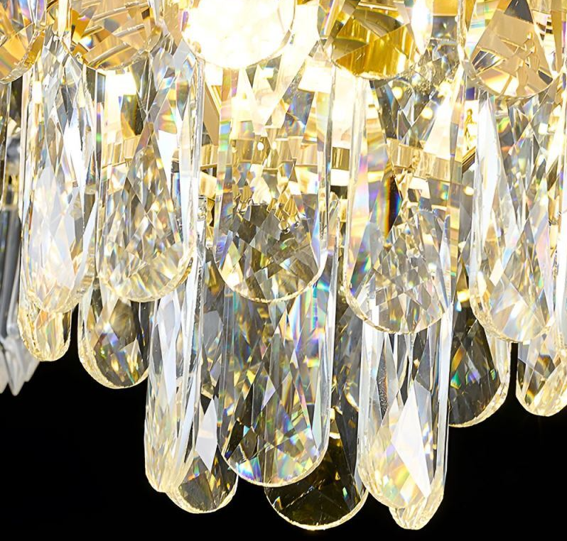 Candelabru Cristal 11xE14, D80cm, Auriu Lucios, Inaltime Reglabila, Metal si Cristal