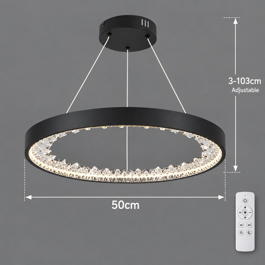 Lustra LED suspendata cu telecomanda, 28W, 1 Cerc, lumina Rece/Calda/Neutra, Dimabila, Negru, Inaltime Reglabila