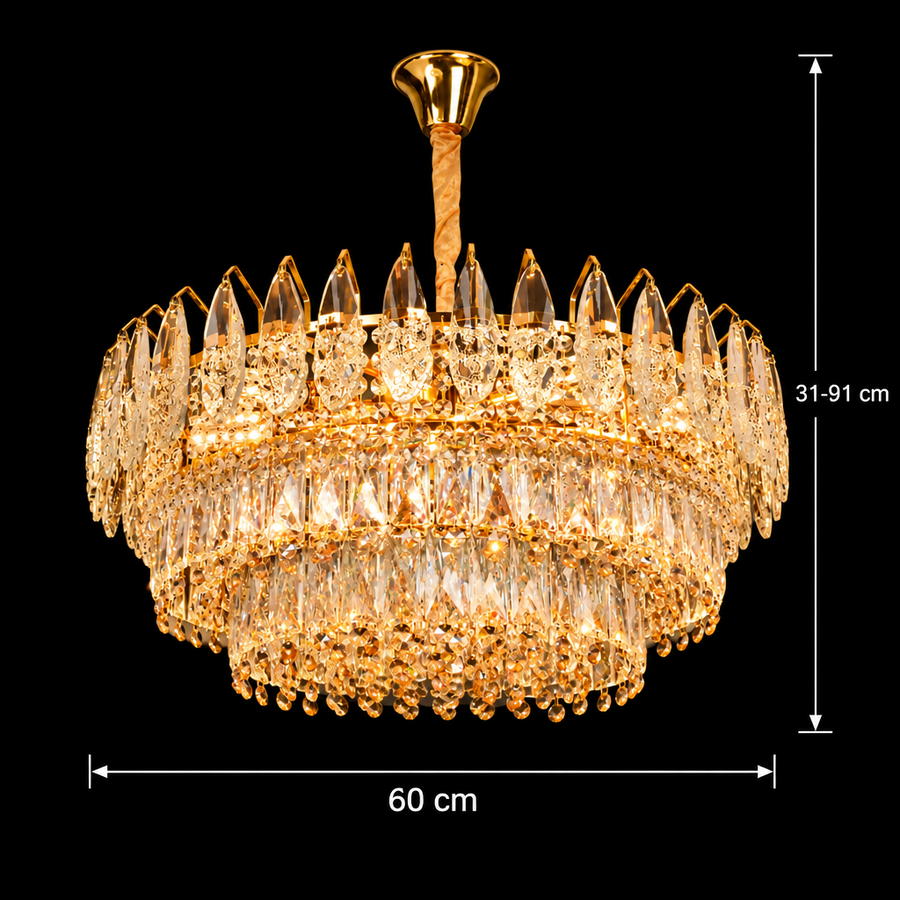 Candelabru Cristal MAJESTIC Magno 15x E14, Diametru 60cm, Auriu Lucios, Inaltime Reglabila