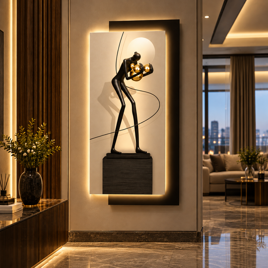 Tablou Decorativ cu Iluminare LED Dansul Sferelor, 60 x 120 cm, 24W, Lumina Neutra, Aliaj de Aluminiu si MDF