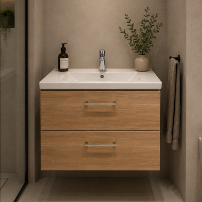 Set Mobilier CELO pentru Baie, Dulap Lavoar, 2 Sertare, Alb si Maro