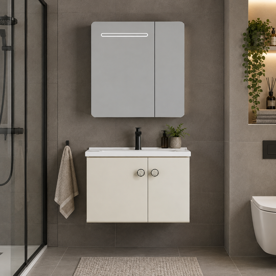Set Mobilier RISHTON pentru Baie, Dulap Lavoar+Dulap Oglinda 60cm, 2 Piese, Gri si Alb