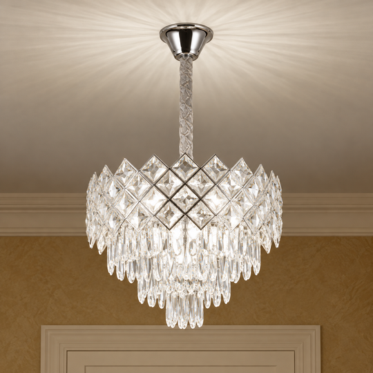 Candelabru Cristal VECTORIA Nobile 5xE14, Diametru 39cm, Crom Lucios, Inaltime Reglabila, Metal si Cristal