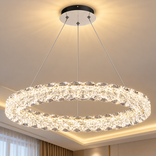Lustra LED Cristal VENTANA cu telecomanda, 25W, Lumina Calda/Neutra/Rece, Φ39 cm, Inaltime Reglabila, Metal si Cristal, Auriu