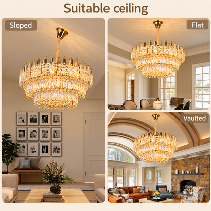 Candelabru Cristal MAJESTIC Magno 15x E14, Diametru 60cm, Auriu Lucios, Inaltime Reglabila