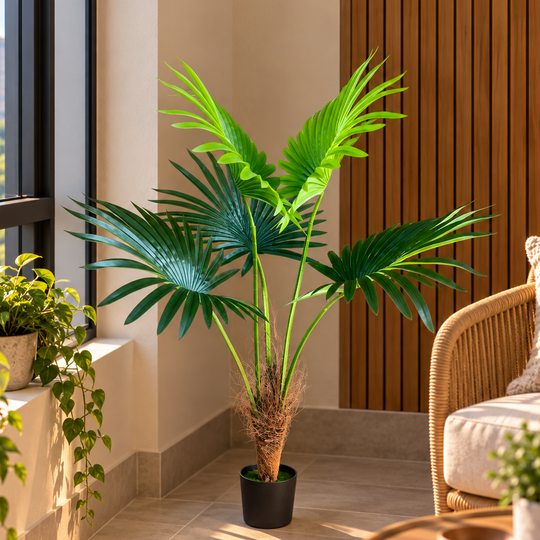 Plantă Artificială Tip Palmier Livistona Evantai, 5 frunze, 120 cm, Verde